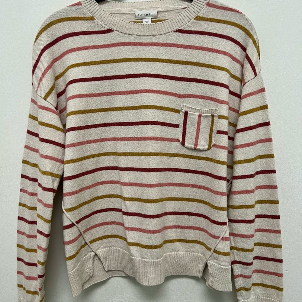 Garnet Hill Cream, Red, and Gold Striped Sweater